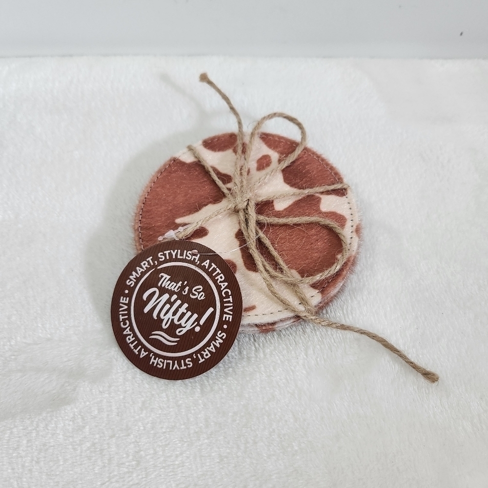 Cowhide Coasters Tan Cream Plush 4.5" Spotted Western Cow Pattern Set of 4
